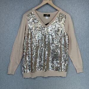 Joan Boyce Sweater Womens Size M Beige Sequin Embellished V-Neck Long Sleeve